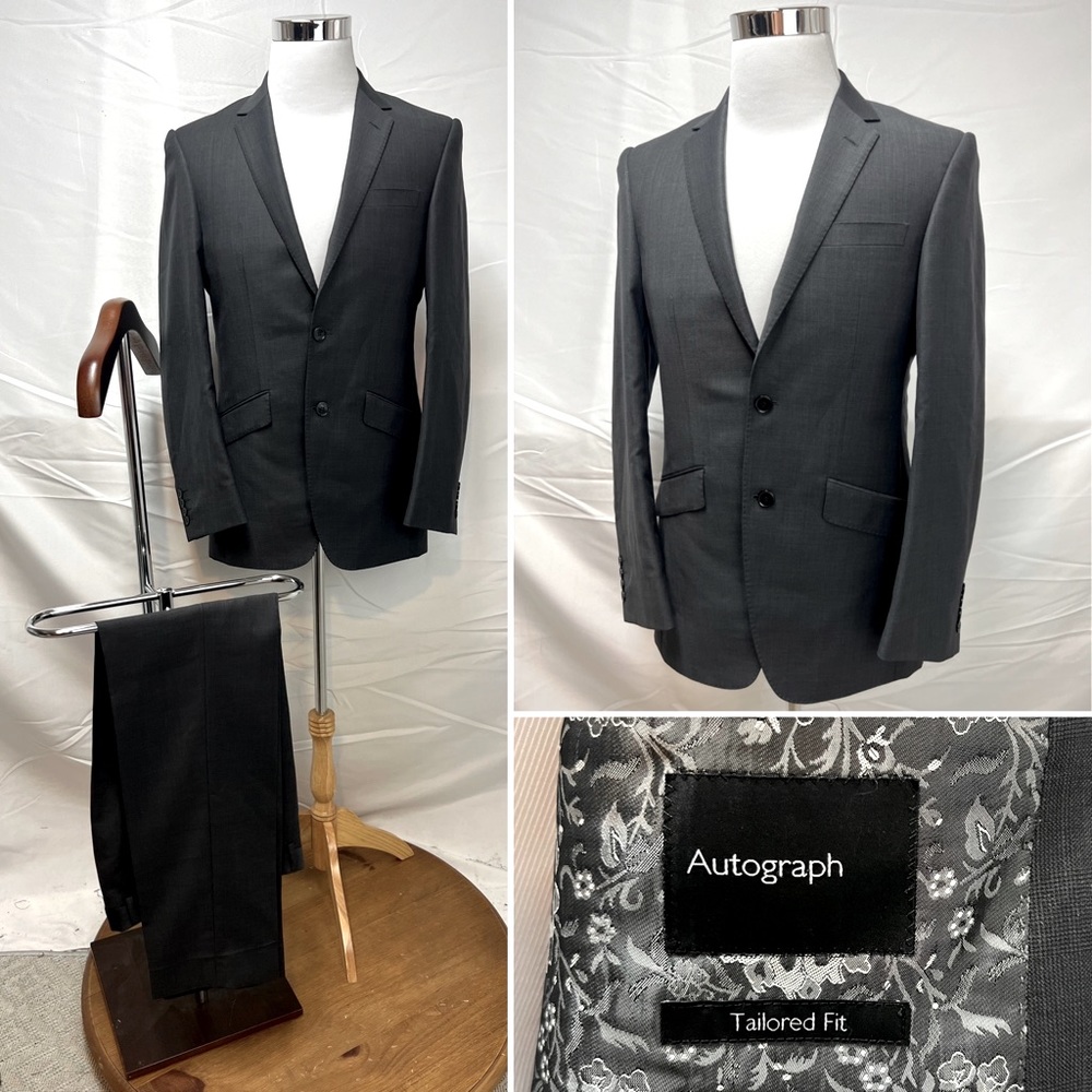 Autograph Tailored Fit Gray Plaid 2-Button 36R Blazer Jacket 30x33 Pants Suit